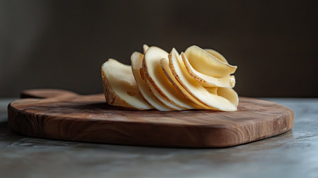 A wooden cutting board with a wedge of Maasdam cheese and a stack of thin slices curling naturally at the edges.の素材
