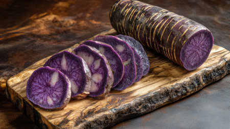 Freshly sliced purple sweet yam with a whole piece beside it, placed on a natural wooden board.の素材