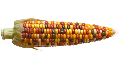 Close-up of a single sweet corn cob with vibrant yellow kernels, isolated on white.の素材