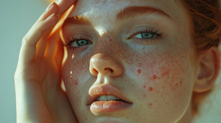 A young woman with clear skin and pimples on her forehead, gently pressing a finger to her face.の素材
