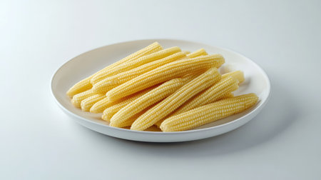 A white plate filled with fresh baby corn, placed on a clean white surface with soft lighting.の素材
