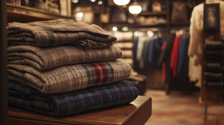 Several layers of winter jackets neatly folded on top of one another, displayed in a cozy store setting.の素材