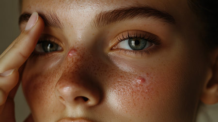 A young woman with clear skin and pimples on her forehead, gently pressing a finger to her face.の素材