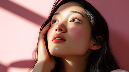 A young woman with pimples on her chin, her hand on her face as she looks up, captured with soft lighting.の素材