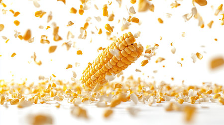Corn kernels falling from a cob in mid-air, isolated on a white background.の素材