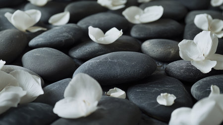 Spa stones artfully arranged with delicate flower petals surrounding them, offering a peaceful and tranquil atmosphere.の素材