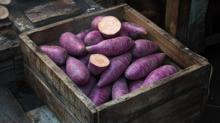 A wooden crate filled with fresh purple sweet yams, with a few slices resting on top for contrast.の素材
