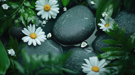 Close-up of smooth spa stones surrounded by fresh flowers, creating a balance of nature and calmness.の素材