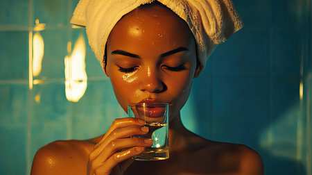 A woman with a towel on her head sipping water from a glass after a relaxing shower.の素材