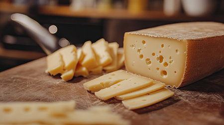 Close-up of a Maasdam cheese piece with distinctive holes, accompanied by neatly arranged slices on a cutting board.の素材