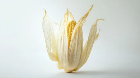 Sweet corn with a silky husk still attached, showcasing natural freshness, isolated on white.の素材