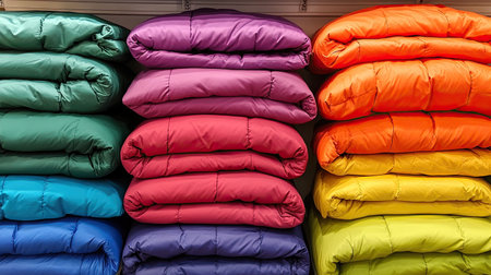 Several stacked winter jackets in vibrant shades, folded perfectly on a shelf in a store, ready for cold weather.の素材
