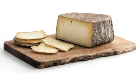 A wooden board with a large chunk of Maasdam cheese and thin slices stacked beside it, isolated on white.の素材