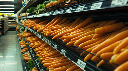 A wide shot of the vegetable aisle at a supermarket, with organic orange carrots prominently displayed on the shelf.の素材