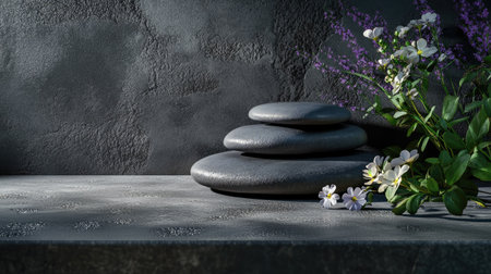 Elegant spa stones placed on a stone slab, with flowers gently surrounding them, evoking a sense of harmony.の素材