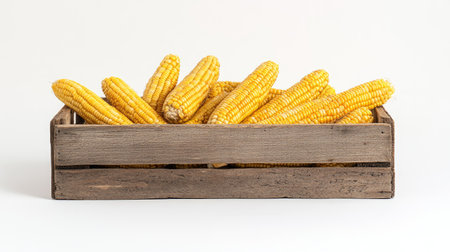 Neatly arranged fresh corn cobs in a rustic wooden crate, isolated on a white background.の素材