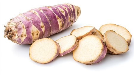 A whole purple sweet yam with vibrant slices neatly arranged beside it, isolated on a white background.の素材
