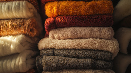 Piled stacks of plush winter jackets in a cozy fashion boutique, with soft lighting highlighting the textures.の素材