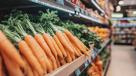 Organic orange carrots displayed neatly on a wooden table in a supermarket, with soft lighting highlighting their natural color.の素材