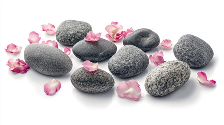 Spa stones artfully arranged with delicate flower petals surrounding them, offering a peaceful and tranquil atmosphere.の素材