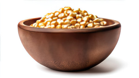 A wooden bowl filled with golden corn kernels, isolated on a white background.の素材