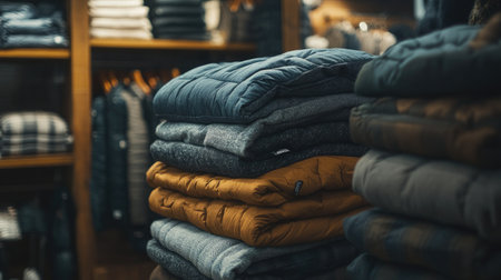 Several layers of winter jackets neatly folded on top of one another, displayed in a cozy store setting.の素材