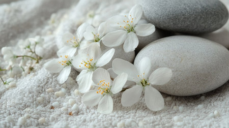 Spa stones arranged with blooming flowers on a soft towel, representing peaceful relaxation and pampering.の素材