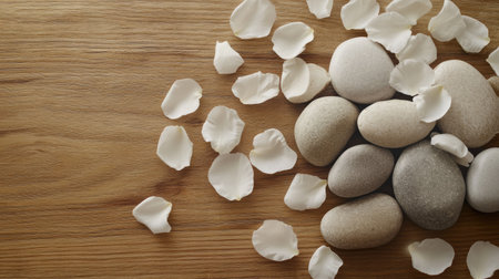 Spa stones arranged with soft petals of white flowers on a wooden surface, evoking tranquility and relaxation.の素材