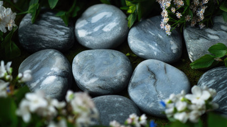 Close-up of smooth spa stones surrounded by fresh flowers, creating a balance of nature and calmness.の素材