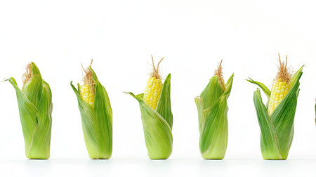 Freshly harvested corn cobs with green husks partially peeled back, isolated on white.の素材
