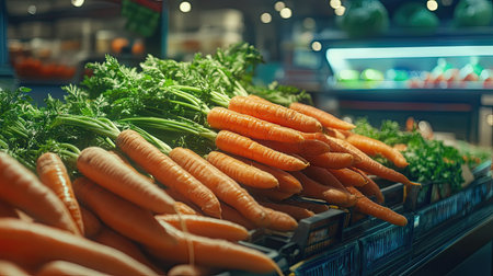 Fresh organic carrots being weighed at a supermarket counter, with other produce visible in the background.の素材