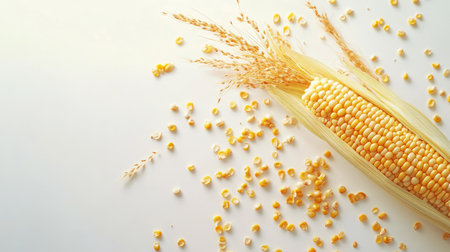Fresh corn cob with a few loose kernels scattered around, isolated on a clean white background.の素材