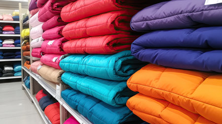 Several stacked winter jackets in vibrant shades, folded perfectly on a shelf in a store, ready for cold weather.の素材