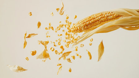 Fresh corn cob with a few loose kernels scattered around, isolated on a clean white background.の素材