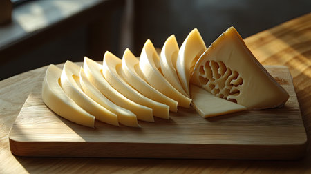 Freshly cut Maasdam cheese slices arranged in a semi-circle around a large wedge on a wooden serving board.の素材