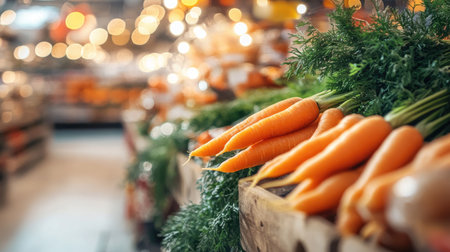 Organic orange carrots displayed neatly on a wooden table in a supermarket, with soft lighting highlighting their natural color.の素材