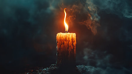 A burning candle in the center of the frame, with its flame glowing brightly against a dark, dramatic background.の素材