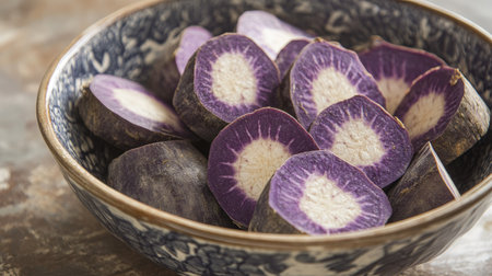 A bowl filled with whole and sliced purple sweet yams, creating a visually appealing natural food display.の素材