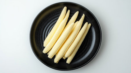 A black ceramic plate filled with fresh baby corn, placed on a minimalist white background.の素材