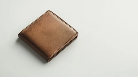 A brand new empty wallet with no contents, placed diagonally on a seamless white surface.の素材