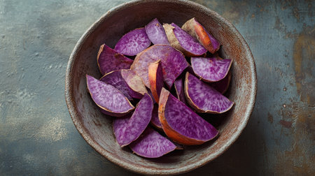 A bowl filled with whole and sliced purple sweet yams, creating a visually appealing natural food display.の素材