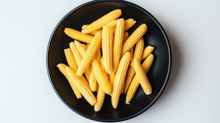 A black ceramic plate filled with fresh baby corn, placed on a minimalist white background.の素材