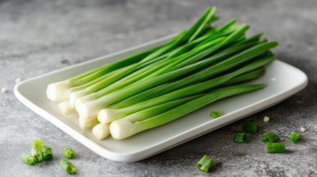 A bunch of fresh baby corn on a simple white dish, with a few scattered kernels for detail.の素材