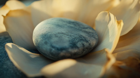 A close-up of a spa stone resting on a flower petal, emphasizing natural beauty and relaxation.の素材