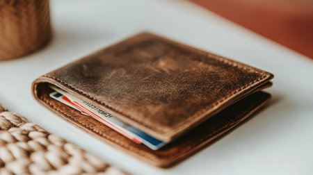 A close-up of an open wallet with no cash or credit cards, placed on a neutral white surface.の素材