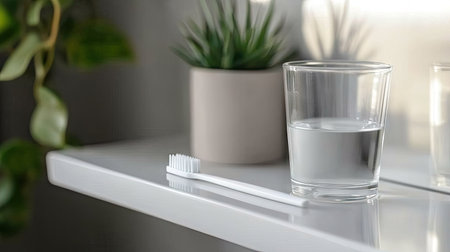 A clean toothbrush and a glass of water placed neatly on a bathroom shelf, with minimalistic decor.の素材