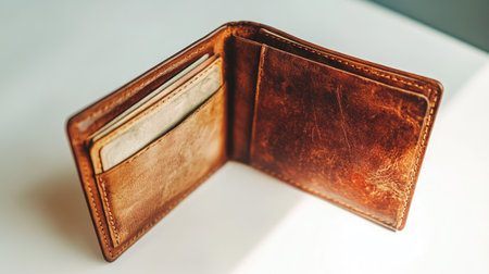 A brand new men's wallet with no contents inside, opened and isolated on a clean white surface.の素材