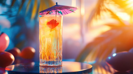 A close-up of a tropical cocktail in a tall glass, with a decorative umbrella, resting on a podium with soft lighting.の素材