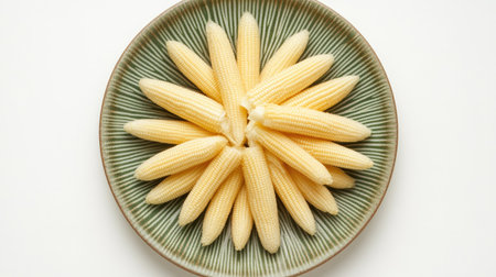 A ceramic plate with baby corn carefully arranged in a circular pattern, isolated on white.の素材