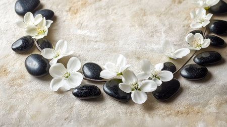 A calming spa arrangement with black stones and white flowers arranged symmetrically on a soft surface.の素材